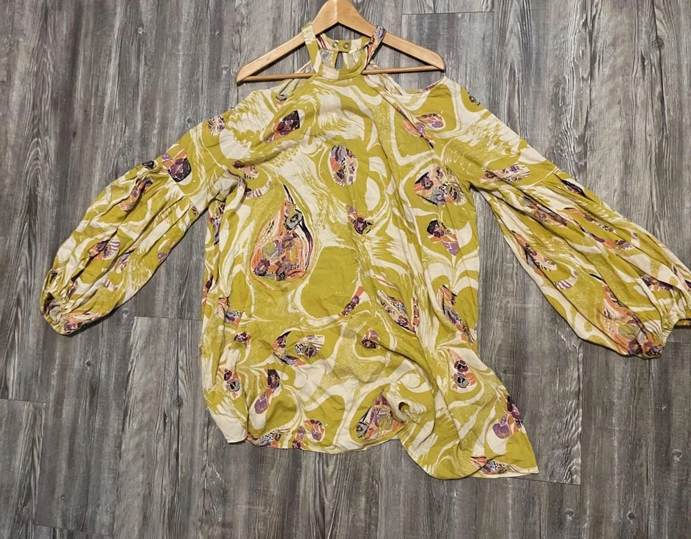 Free People Tunic Top Womens Large Green Floral Balloon Sleeve Boho Artsy FLAW